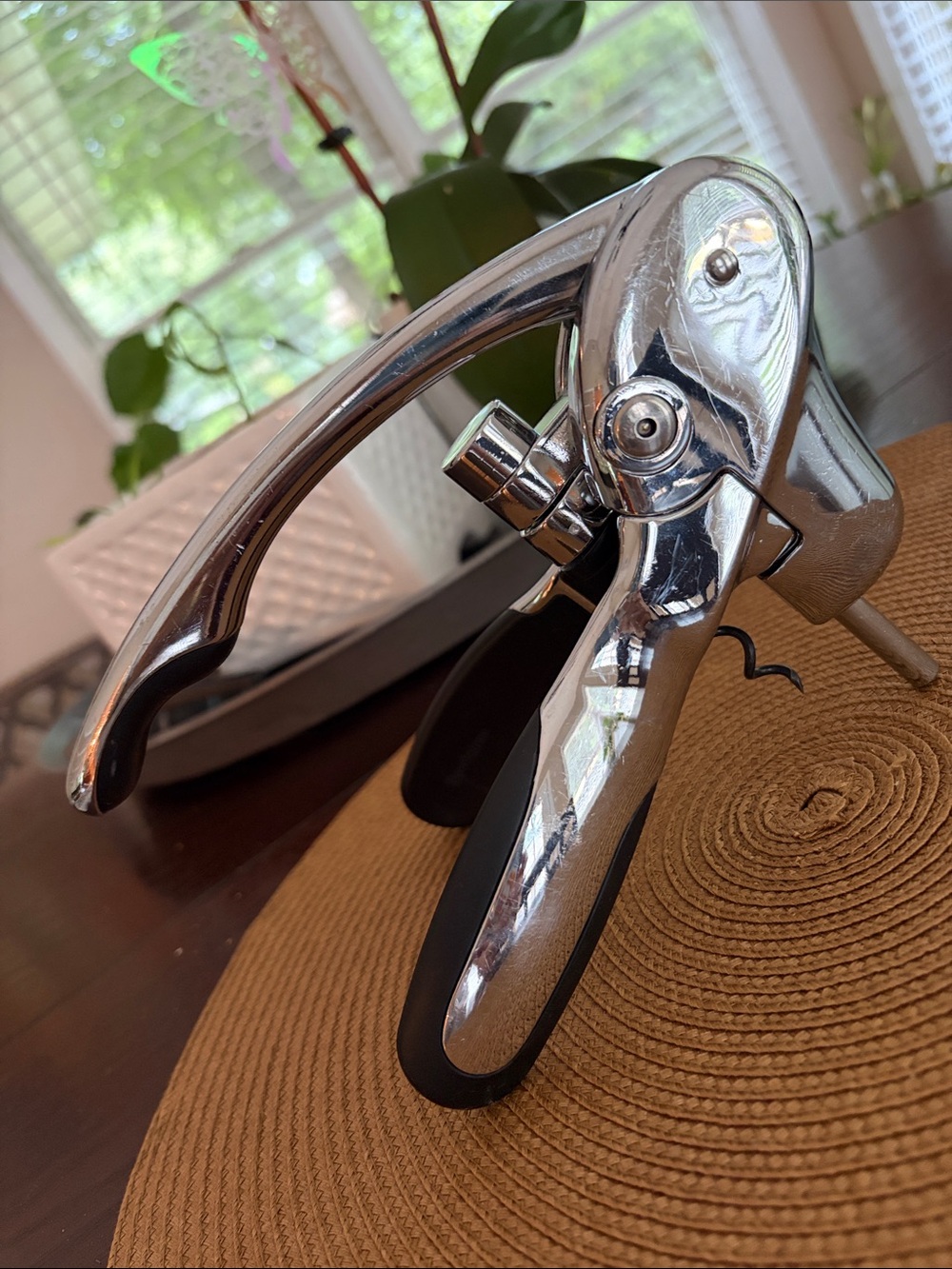 Lever-Style Chrome Corkscrew Wine Opener - Silver with Black Handles